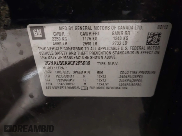 2012 Chevrolet Equinox LS with VIN 2GNALBEK9C6285608, listed as a IAAI auction lot 41558512 with 117,558 mi miles and . Bid and sale history available at DreamBid. Image 9.