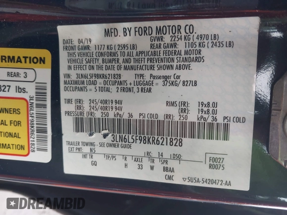 2019 Lincoln MKZ Reserve II с VIN 3LN6L5F98KR621828, выставлен на аукционе IAAI как лот 42332227 с пробегом 41 547 миль миль и . История ставок и продаж доступна на DreamBid. Изображение 9.