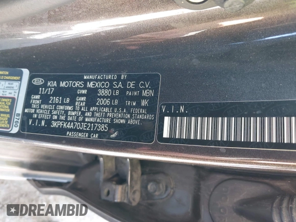 2018 Kia Forte LX with VIN 3KPFK4A70JE217385, listed as a IAAI auction lot 39955381 with 99,060 mi miles. Bid and sale history available at carsss.com. Image 9.