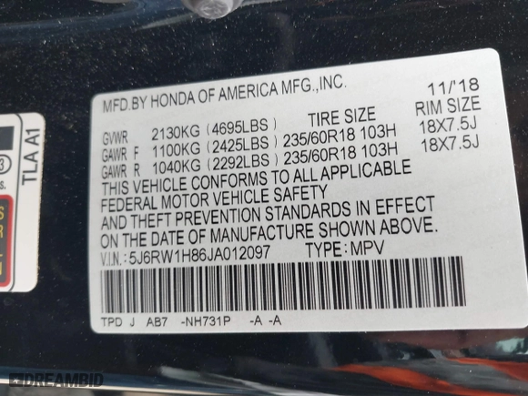 2018 Honda CR-V EX-L with VIN 5J6RW1H86JA012097, listed as a IAAI auction lot 41536679 with 60,691 mi miles. Bid and sale history available at carsss.com. Image 9.