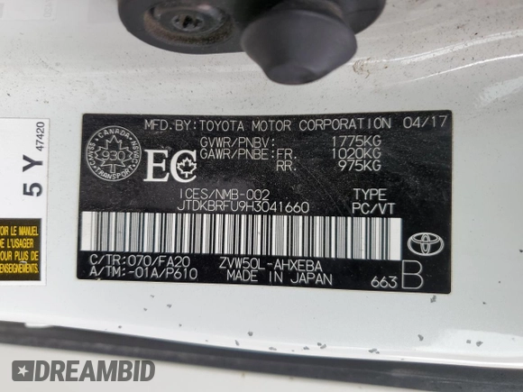 2017 Toyota Prius Two with VIN JTDKBRFU9H3041660, listed as a Copart auction lot 52320425 with 306,177 mi miles and Clean Title. Bid and sale history available at DreamBid. Image 12.
