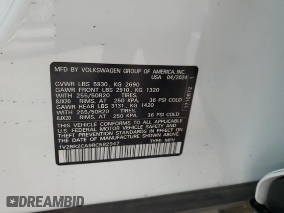 2024 Volkswagen Atlas SEL with VIN 1V2BR2CA9RC582947, listed as a Copart auction lot 55871905 with Not provided miles and Salvage title. Bid and sale history available at DreamBid. Image 13.