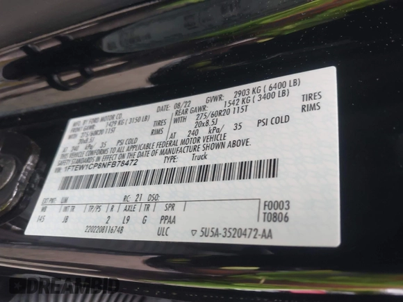 2022 Ford F-150 XL с VIN 1FTEW1CP8NFB78472, выставлен на аукционе IAAI как лот 42352854 с пробегом 127 466 миль миль и . История ставок и продаж доступна на DreamBid. Изображение 9.