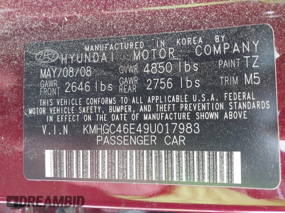 2009 Hyundai Genesis with VIN KMHGC46E49U017983, listed as a IAAI auction lot 41943695 with 106,832 mi miles. Bid and sale history available at carsss.com. Image 9.