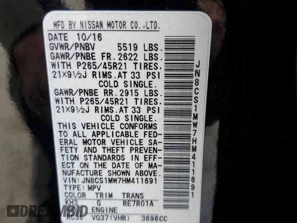2017 Infiniti QX70 z VIN JN8CS1MW7HM411691, wystawiony jako Copart lot #54204065 z przebiegiem 105 885 mil mil oraz Szkoda całkowita • Salvage title. Historia ofert i sprzedaży dostępna na DreamBid. Obrazek 13.