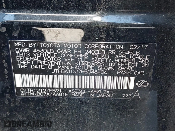 2017 Lexus IS 200t z VIN JTHBA1D27H5048406, wystawiony jako IAAI lot #42659401 z przebiegiem 101 150 mil mil oraz . Historia ofert i sprzedaży dostępna na DreamBid. Obrazek 9.