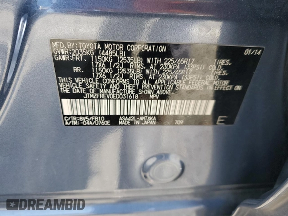 2014 Toyota RAV4 LE with VIN JTMZFREV0ED031618, listed as a Copart auction lot 63344265 with 154,336 mi miles and Salvage title. Bid and sale history available at DreamBid. Image 13.