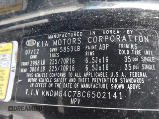 2012 Kia Sedona LX with VIN KNDMG4C78C6502141, listed as a IAAI auction lot 41725800 with 153,789 mi miles and . Bid and sale history available at carsss.com. Image 9.