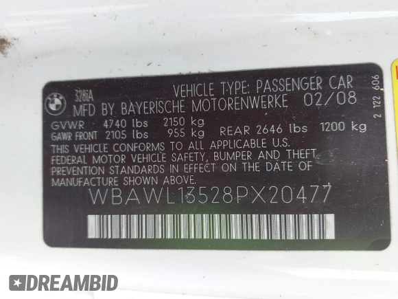 2008 BMW 3 Series 328i with VIN WBAWL13528PX20477, listed as a IAAI auction lot 42370641 with 92,112 mi miles and . Bid and sale history available at DreamBid. Image 9.