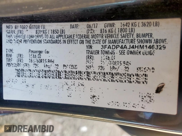 2017 Ford Fiesta S with VIN 3FADP4AJ4HM146329, listed as a Copart auction lot 60917135 with 115,772 mi miles and Salvage title. Bid and sale history available at DreamBid. Image 13.