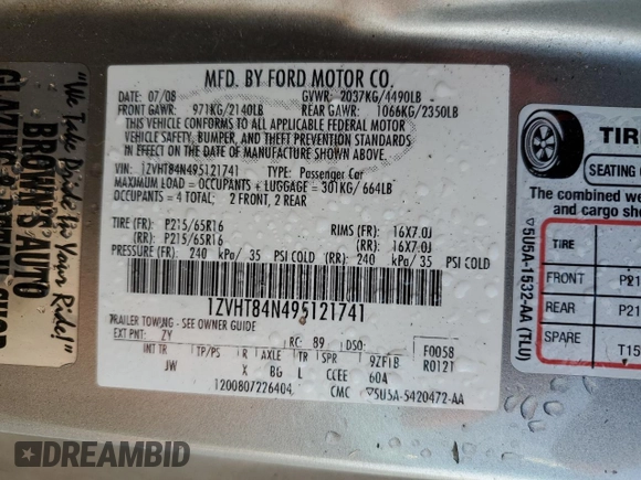 2009 Ford Mustang with VIN 1ZVHT84N495121741, listed as a Copart auction lot 85447264 with 165,247 mi miles and Salvage title. Bid and sale history available at DreamBid. Image 14.