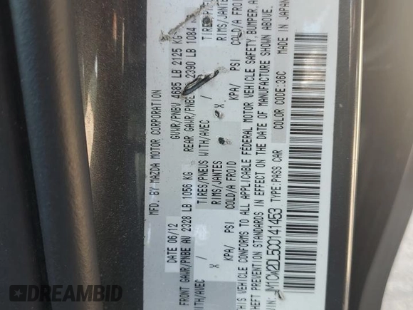 2012 Mazda 5 Grand Touring with VIN JM1CW2DL5C0141453, listed as a Copart auction lot 55402395 with 99,756 mi miles and Salvage title. Bid and sale history available at DreamBid. Image 14.