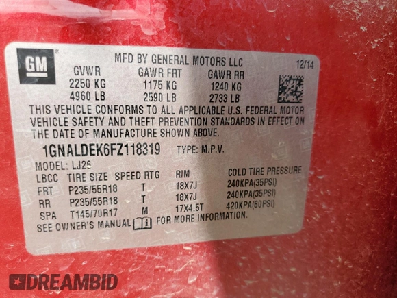 2015 Chevrolet Equinox LTZ with VIN 1GNALDEK6FZ118319, listed as a Copart auction lot 50417405 with 124,244 mi miles and Salvage Title. Bid and sale history available at carsss.com. Image 14.