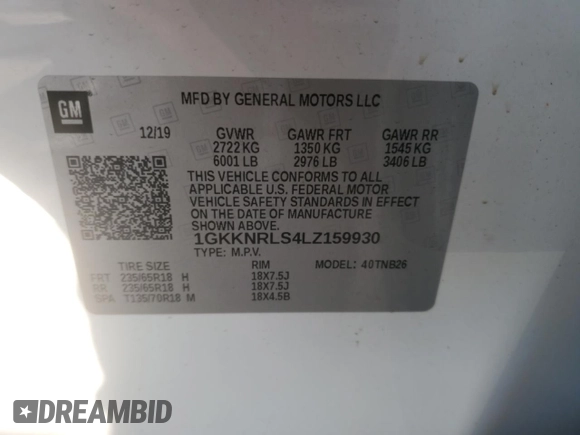 2020 GMC Acadia SLE z VIN 1GKKNRLS4LZ159930, wystawiony jako Copart lot #50037055 z przebiegiem 27 953 mil mil oraz Szkoda całkowita • Salvage title. Historia ofert i sprzedaży dostępna na DreamBid. Obrazek 13.