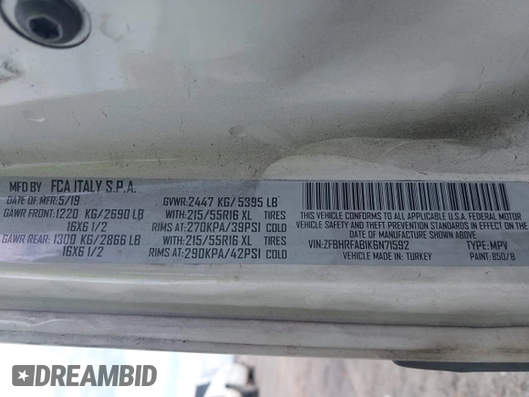 2019 Ram ProMaster City Cargo Tradesman с VIN ZFBHRFAB1K6N71592, выставлен на аукционе IAAI как лот 42187499 с пробегом 127 560 миль миль и . История ставок и продаж доступна на DreamBid. Изображение 9.