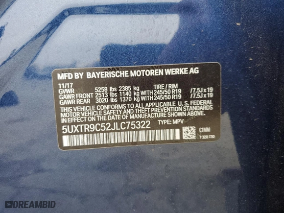 2018 BMW X3 xDrive30i with VIN 5UXTR9C52JLC75322, listed as a Copart auction lot 53843175 with 0 mi miles and Salvage Title. Bid and sale history available at carsss.com. Image 13.