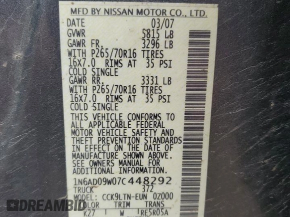 2007 Nissan Frontier SE with VIN 1N6AD09W07C448292, listed as a Copart auction lot 55821795 with 311,852 mi miles and Clean title. Bid and sale history available at DreamBid. Image 12.