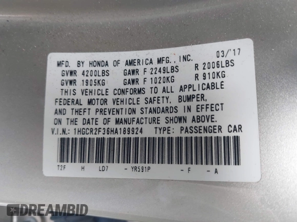 2017 Honda Accord LX with VIN 1HGCR2F36HA189924, listed as a IAAI auction lot 41956124 with 58,117 mi miles. Bid and sale history available at carsss.com. Image 9.