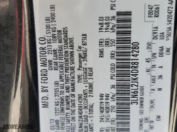 2013 Lincoln MKZ with VIN 3LN6L2JK4DR814280, listed as a Copart auction lot 46842045 with 99,427 mi miles and Salvage Title. Bid and sale history available at carsss.com. Image 12.