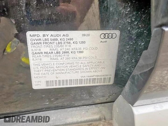 2021 Audi Q5 Premium z VIN WA1AAAFY8M2003513, wystawiony jako Copart lot #59569575 z przebiegiem 87 242 mil mil oraz Czysty tytuł • Clean title. Historia ofert i sprzedaży dostępna na DreamBid. Obrazek 10.