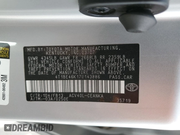 2007 Toyota Camry CE with VIN 4T1BE46K17U143886, listed as a Copart auction lot 51081805 with 50,959 mi miles and Salvage Title. Bid and sale history available at carsss.com. Image 12.