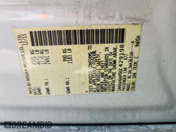 2016 Nissan Maxima Platinum with VIN 1N4AA6AP0GC429198, listed as a Copart auction lot 62066505 with 151,479 mi miles and Salvage title. Bid and sale history available at DreamBid. Image 12.