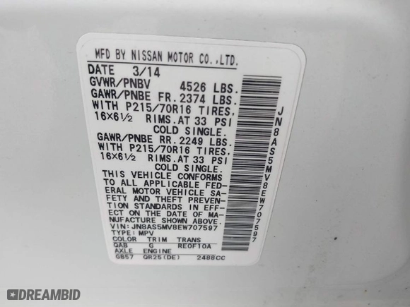 2014 Nissan Rogue Select S with VIN JN8AS5MV8EW707597, listed as a IAAI auction lot 41804656 with 137,126 mi miles. Bid and sale history available at carsss.com. Image 9.