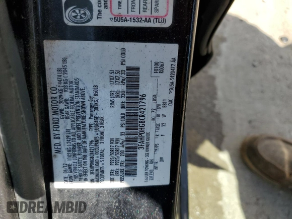 2012 Ford Fusion SE z VIN 3FAHP0HG8CR421796, wystawiony jako Copart lot #52534695 z przebiegiem 186 448 mil mil oraz Nie do naprawy • Non repairable. Historia ofert i sprzedaży dostępna na DreamBid. Obrazek 12.
