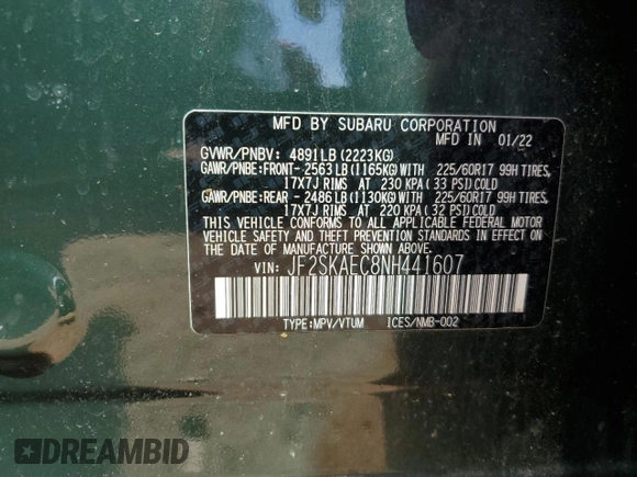 2022 Subaru Forester Premium with VIN JF2SKAEC8NH441607, listed as a Copart auction lot 52651735 with 31,761 mi miles and Salvage title. Bid and sale history available at DreamBid. Image 14.