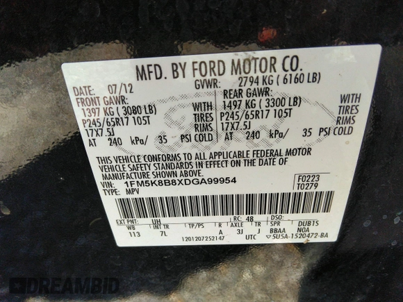 2013 Ford Explorer with VIN 1FM5K8B8XDGA99954, listed as a IAAI auction lot 41911136 with 170,270 mi miles and . Bid and sale history available at carsss.com. Image 9.