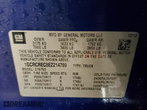 2014 Chevrolet Silverado 1500 LT with VIN 1GCRCREC8EZ214789, listed as a Copart auction lot 68917774 with 160,813 mi miles and Salvage Title. Bid and sale history available at DreamBid. Image 12.