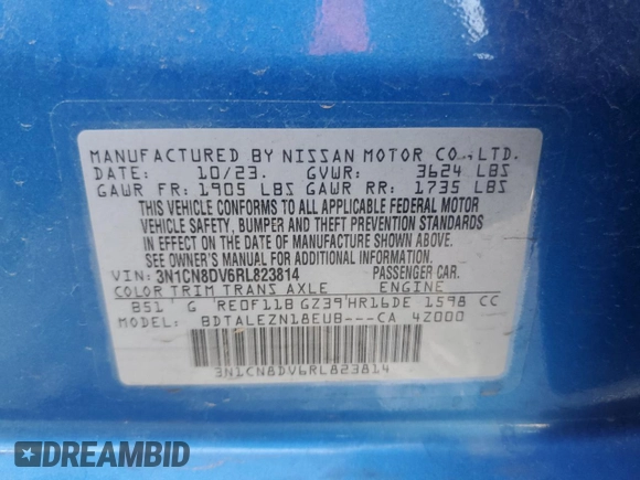 2024 Nissan Versa S with VIN 3N1CN8DV6RL823814, listed as a Copart auction lot 47297655 with Not Provided miles and Salvage Title. Bid and sale history available at DreamBid. Image 14.