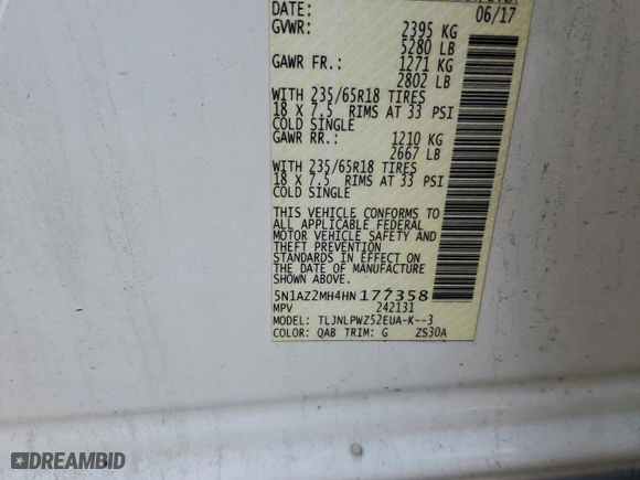 2017 Nissan Murano SL with VIN 5N1AZ2MH4HN177358, listed as a Copart auction lot 47780265 with 97,520 mi miles and Salvage Title. Bid and sale history available at carsss.com. Image 14.