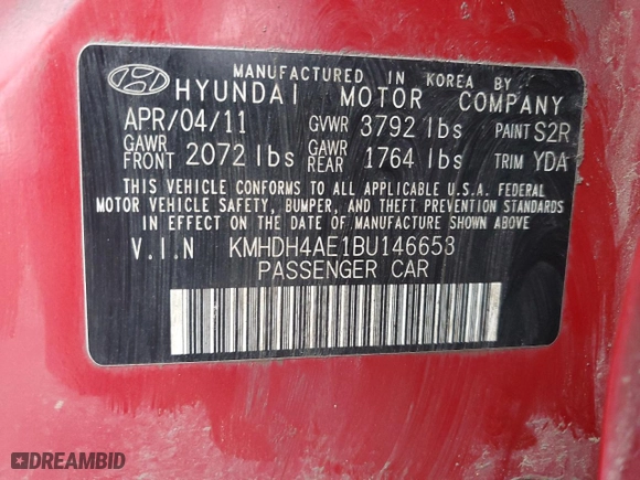 2011 Hyundai Elantra Ltd with VIN KMHDH4AE1BU146653, listed as a Copart auction lot 52102595 with 145,947 mi miles and Salvage Title. Bid and sale history available at carsss.com. Image 12.