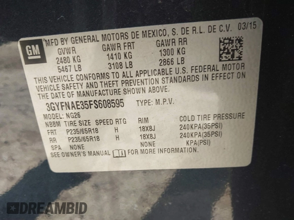 2015 Cadillac SRX with VIN 3GYFNAE35FS608595, listed as a IAAI auction lot 41282751 with 127,055 mi miles and . Bid and sale history available at DreamBid. Image 9.