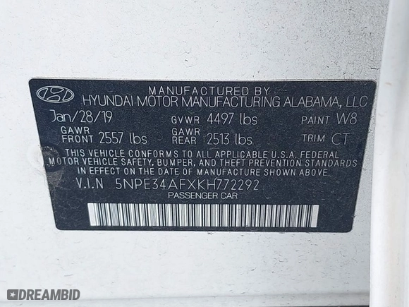 2019 Hyundai Sonata Sport with VIN 5NPE34AFXKH772292, listed as a IAAI auction lot 40466023 with 46,224 mi miles. Bid and sale history available at carsss.com. Image 9.
