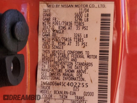 2005 Nissan Frontier LE with VIN 1N6AD06W45C402255, listed as a Copart auction lot 75503734 with 219,934 mi miles and Salvage title. Bid and sale history available at DreamBid. Image 12.