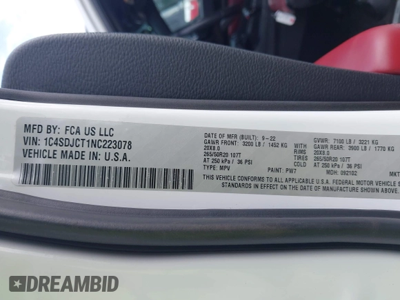 2022 Dodge Durango R/T with VIN 1C4SDJCT1NC223078, listed as a IAAI auction lot 41990552 with 40,319 mi miles and . Bid and sale history available at DreamBid. Image 9.