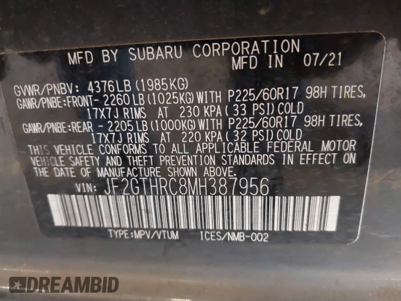 2021 Subaru Crosstrek Special Sports with VIN JF2GTHRC8MH387956, listed as a IAAI auction lot 42272636 with 40,189 mi miles and . Bid and sale history available at DreamBid. Image 9.