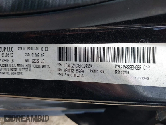 2014 Dodge Avenger SE with VIN 1C3CDZAG3EN104594, listed as a IAAI auction lot 42561392 with 129,208 mi miles and . Bid and sale history available at DreamBid. Image 9.