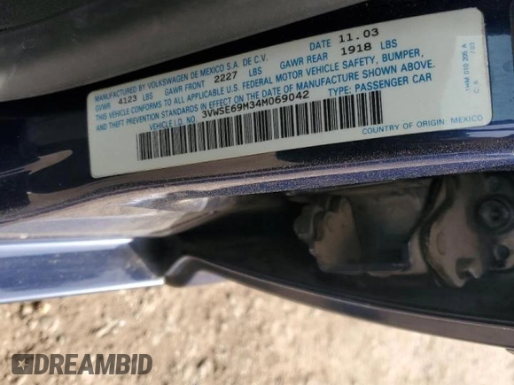 2004 Volkswagen Jetta GLS with VIN 3VWSE69M34M069042, listed as a Copart auction lot 45419445 with Not provided miles and Salvage title. Bid and sale history available at DreamBid. Image 12.