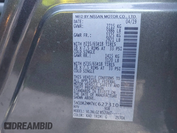 2019 Nissan Pathfinder S z VIN 5N1DR2MM7KC627310, wystawiony jako IAAI lot #42064061 z przebiegiem 110 353 mil mil oraz . Historia ofert i sprzedaży dostępna na DreamBid. Obrazek 9.