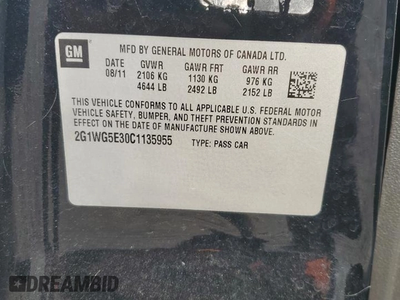 2012 Chevrolet Impala LT Fleet with VIN 2G1WG5E30C1135955, listed as a Copart auction lot 53693685 with 93,709 mi miles and Salvage Title. Bid and sale history available at DreamBid. Image 12.