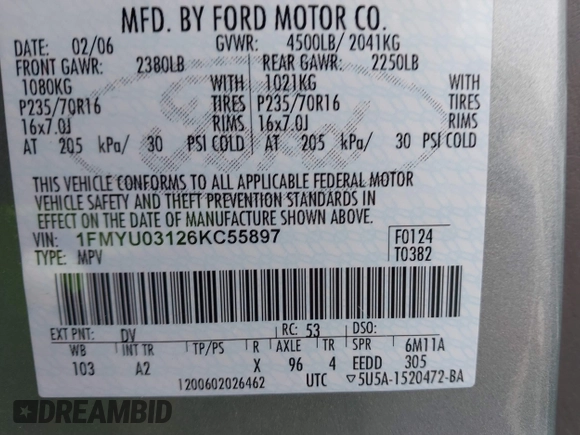 2006 Ford Escape XLT with VIN 1FMYU03126KC55897, listed as a IAAI auction lot 41733243 with 136,989 mi miles. Bid and sale history available at carsss.com. Image 9.