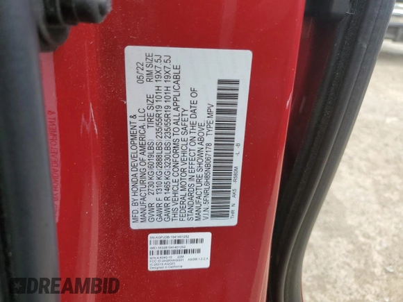 2022 Honda Odyssey Touring with VIN 5FNRL6H85NB067178, listed as a Copart auction lot 56577315 with 22,184 mi miles and Salvage title. Bid and sale history available at DreamBid. Image 13.