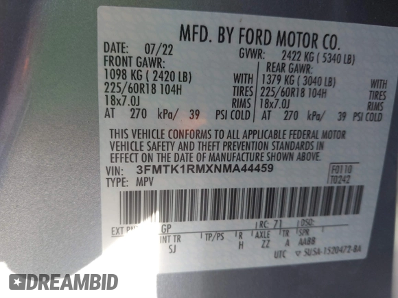 2022 Ford Mustang Mach-E Select z VIN 3FMTK1RMXNMA44459, wystawiony jako IAAI lot #41436186 z przebiegiem 41 288 mil mil oraz . Historia ofert i sprzedaży dostępna na DreamBid. Obrazek 9.