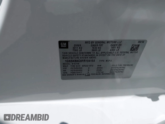 2015 Chevrolet Tahoe LT with VIN 1GNSKBKC8FR194164, listed as a IAAI auction lot 42315215 with 211,797 mi miles and . Bid and sale history available at DreamBid. Image 9.