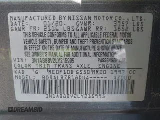 2020 Nissan Sentra S with VIN 3N1AB8BV2LY215995, listed as a IAAI auction lot 41875875 with 45,164 mi miles. Bid and sale history available at carsss.com. Image 9.
