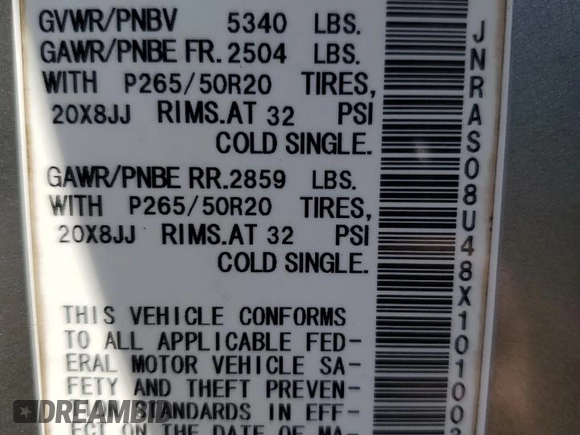 2008 Infiniti FX with VIN JNRAS08U48X101003, listed as a Copart auction lot 46647725 with 208,768 mi miles and Salvage title. Bid and sale history available at DreamBid. Image 13.