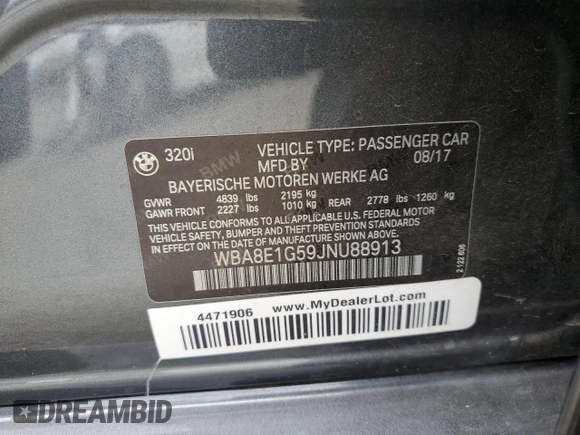 2018 BMW 3 Series 320i with VIN WBA8E1G59JNU88913, listed as a Copart auction lot 50989025 with Not Provided miles and Salvage Title. Bid and sale history available at carsss.com. Image 12.